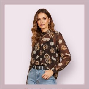 Ro & De Sheer Brown Floral Mock Neck Long Sleeve Blouse Size S